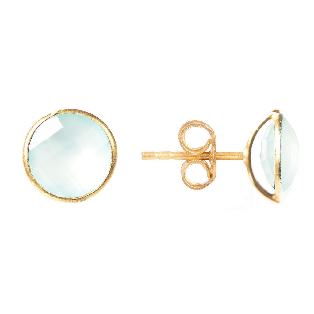 Medium Circle Stud Gold Aqua Chalcedony